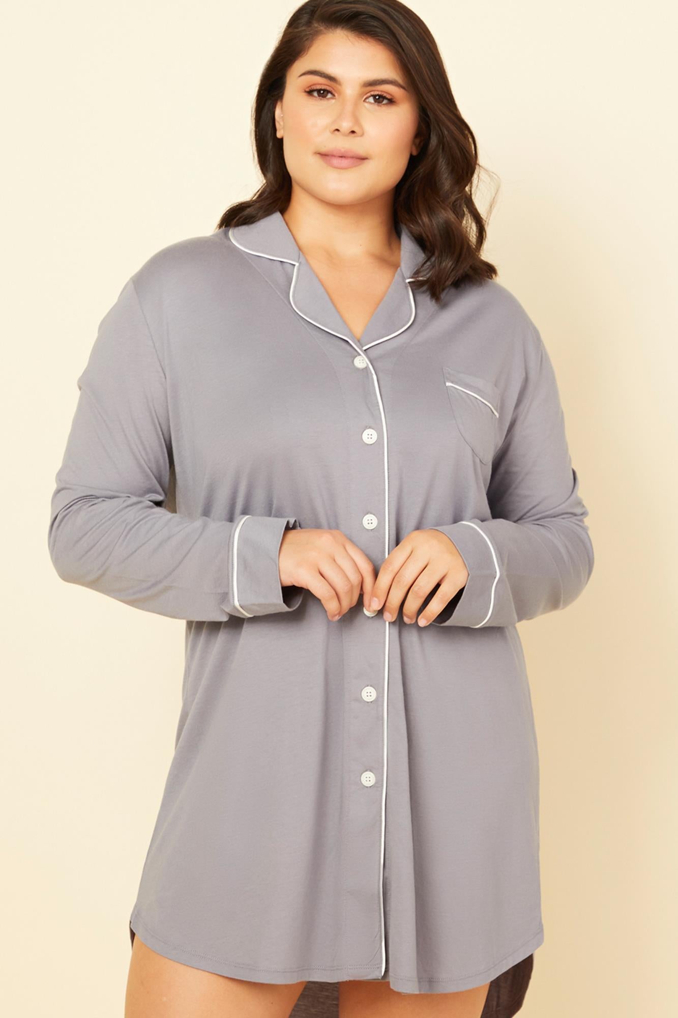 Women's Cotton Sleep Shirt, Long Sleeve Button-down Nightshirt