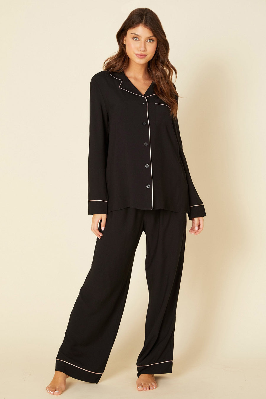 Black Set - Bella Luxe Long Sleeve Top & Pant Pajama Set
