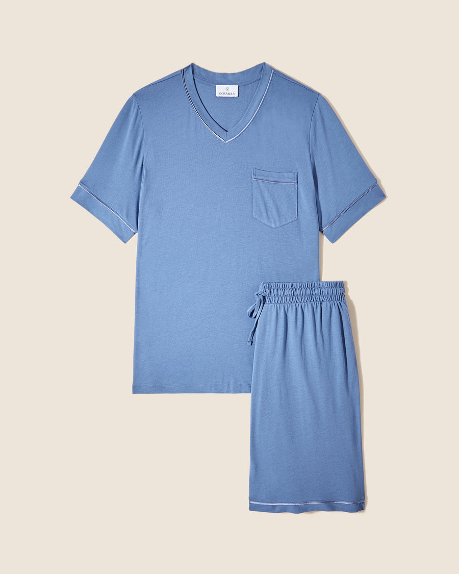 Blue Men Sets - Bella Men's Short Sleeve Top & Shorts Pajama Set