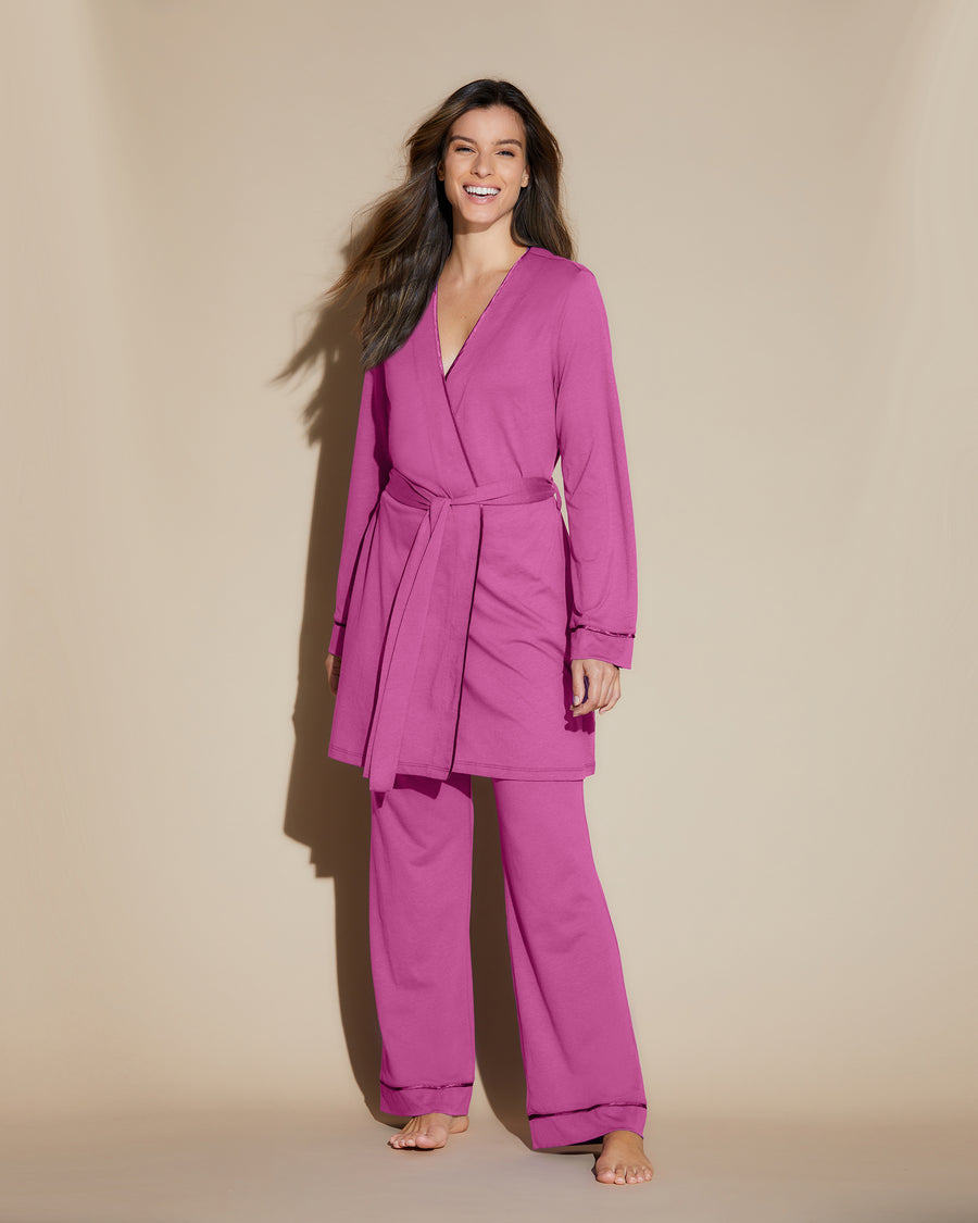 Contrast Lace Pajama Set, Long Sleeve Lace up Robe & V Neck Cami